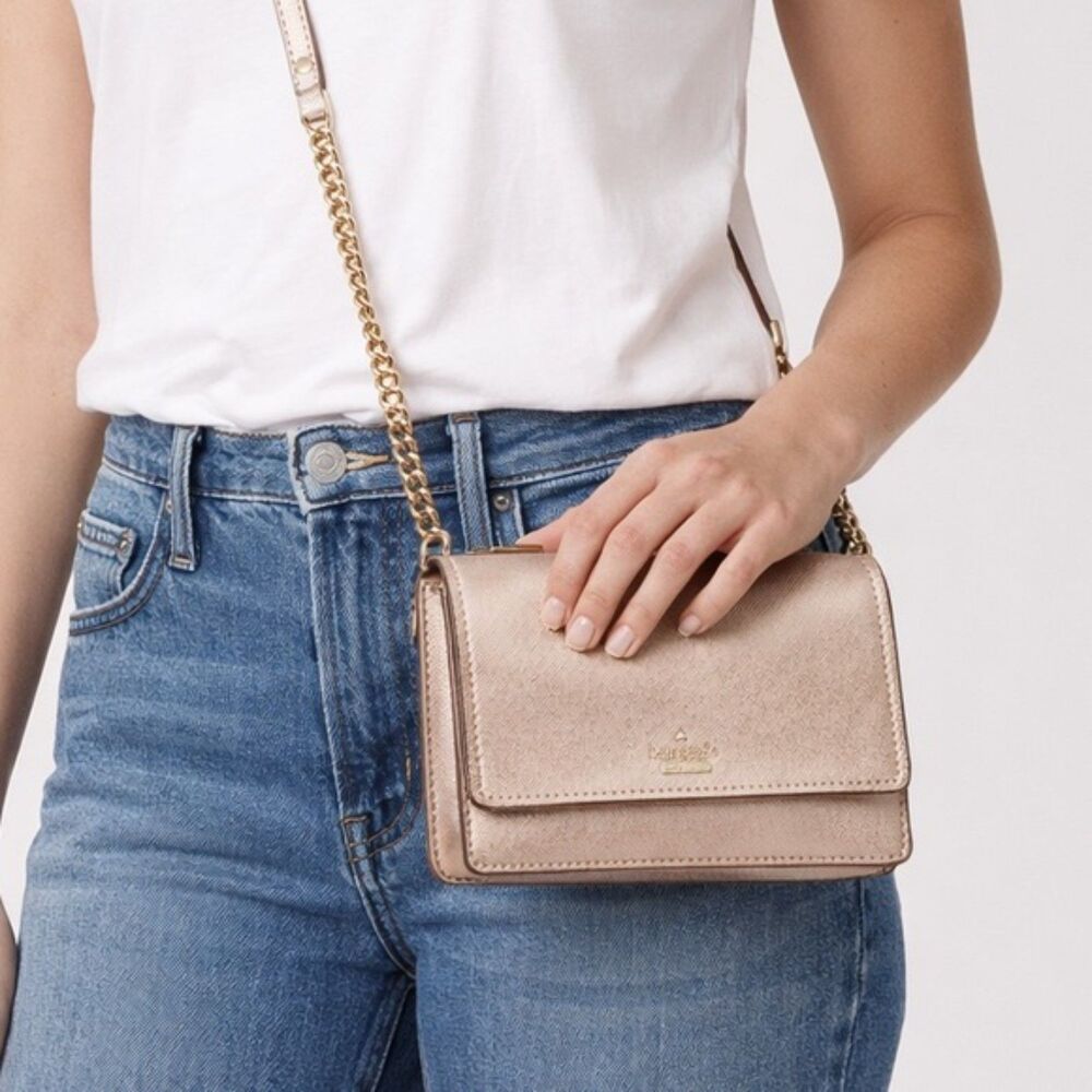 Kate Spade Rose Gold Metallic Leather Flap Crossbody Bag Chain Purse